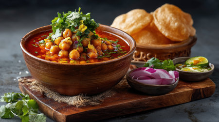 A vibrant chickpea curry is served in a wooden bowl, topped with fresh herbs and paired with crispy puffed bread, creating a colorful meal.の素材