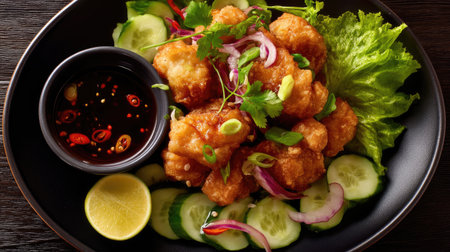 A delicious arrangement of crispy fried chicken bites garnished with fresh vegetables, served with a spicy dipping sauce. Perfect for any meal.の素材
