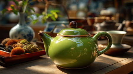 An elegant green teapot sits on a wooden table, surrounded by ceramic teaware and natural elements, creating a tranquil and cozy atmosphere perfect for tea lovers.の素材