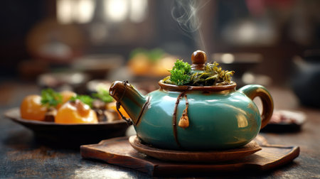 A tranquil scene featuring a steaming teapot filled with herbal tea, set on a rustic wooden table adorned with delicious snacks, creating a cozy atmosphere.の素材