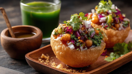 Savor the vibrant flavors of pani puri, a beloved Indian street snack, beautifully presented with fresh herbs and zesty chutneys on a wooden tray.の素材
