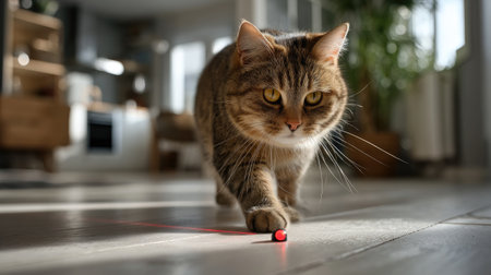 A curious tabby cat intensely chases a red laser dot on a sunlit hardwood floor, capturing the playful essence of domestic life and feline energy.の素材