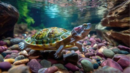 A vibrant tortoise gliding through clear freshwater, its colorful shell contrasting against smooth stones. This serene underwater scene showcases natural beauty.の素材