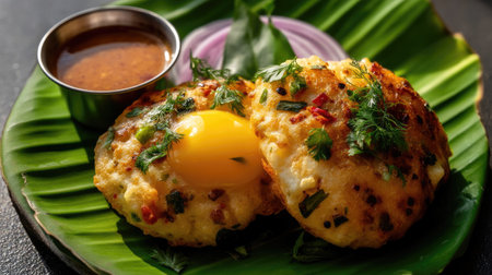 This captivating scene showcases a traditional South Indian dish served on a banana leaf, featuring a perfectly cooked egg yolk, fresh ingredients, and a spicy sauce for extra flavor.の素材