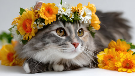 A charming portrait of a domestic cat adorned with a colorful flower crown, resting among vibrant yellow flowers, capturing a serene and playful mood.の素材