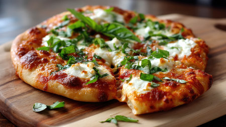 A freshly baked pizza topped with mozzarella and fresh basil sits on a wooden board. The crispy crust is perfect for any meal or snack.の素材