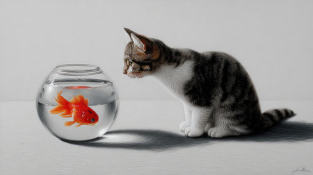 A captivating scene of a curious cat intently watching a goldfish swimming in a bowl, showcasing the tranquil yet playful interaction between land and water animals.の素材