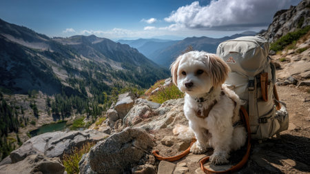 A cute small dog rests on a rocky mountain trail, next to a backpack, surrounded by breathtaking scenery and serene nature, perfect for adventure lovers.の素材