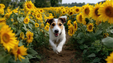 A joyful dog runs energetically through a sunny sunflower field, surrounded by vibrant yellow blooms under a clear blue sky, capturing pure happiness.の素材