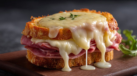 This image features a mouthwatering sandwich filled with layers of ham and gooey melted cheese, beautifully presented on a rustic wooden board, ideal for culinary enthusiasts.の素材