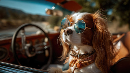 A fashionable dog wearing trendy sunglasses leans out of a convertible car, embodying the spirit of adventure and summer vibes against a scenic backdrop.の素材