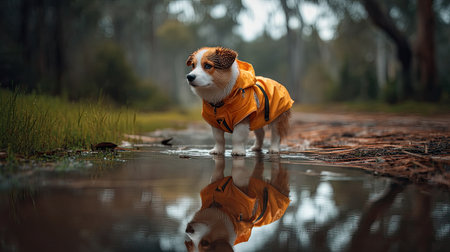 An adorable dog wearing a bright yellow raincoat stands in a puddle, reflecting on a serene forest path. This charming scene captures the essence of adventure and joy in nature.の素材