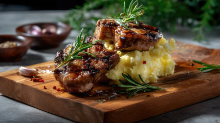 Savor the exquisite taste of grilled lamb chops paired with creamy mashed potato, accented by fresh rosemary on a rustic wooden board, perfect for gourmet dining.の素材