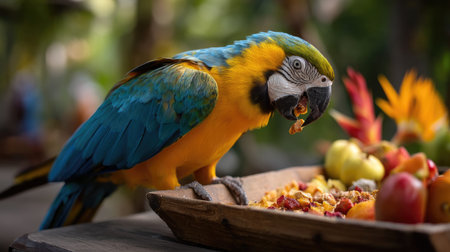 A striking macaw parrot feasts on a variety of fresh fruits in a lush tropical setting, showcasing the beauty of wildlife and vibrant nature.の素材