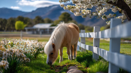 A delightful miniature horse peacefully grazes in a vibrant meadow filled with blooming flowers, framed by beautiful trees and majestic mountains.の素材
