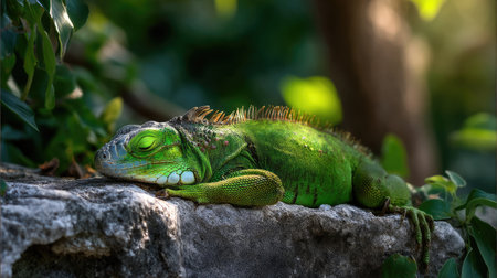 A vibrant green iguana peacefully rests on a weathered rock surrounded by lush, tropical foliage, showcasing the beauty of wildlife in a serene habitat.の素材