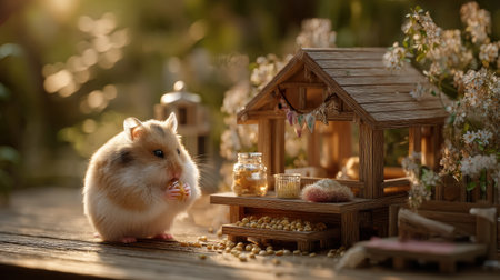 A heartwarming scene of a cute hamster enjoying a snack in a charming wooden setting, surrounded by blooming flowers and natural beauty.の素材