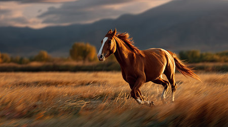 A stunning brown horse gallops gracefully through a golden meadow at sunset, capturing the essence of freedom and beauty in nature. The dramatic sky enhances the tranquil scene.の素材