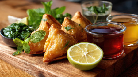 Enjoy a plate of crispy golden samosas served with fresh mint chutney, tangy tamarind sauce, and a slice of lemon, perfect for sharing.の素材