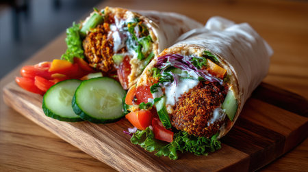 A vibrant falafel wrap filled with fresh vegetables, served on a wooden cutting board, highlighting a delicious blend of colors and textures.の素材