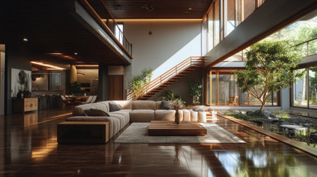 This modern living room features a spacious layout with abundant natural light, elegant wooden elements, and an inviting indoor garden, perfect for relaxation.の素材