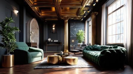 This elegant living room captures modern luxury with a green velvet sofa, golden accents, and stylish decor, creating a tranquil and inviting atmosphere.の素材