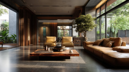 This image showcases a modern living room featuring elegant furniture and abundant natural light, creating a cozy and luxurious atmosphere with lush greenery.の素材