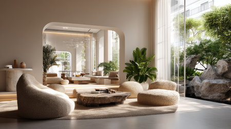 This elegant and modern living room features a minimalist design with natural elements, abundant light, and a cozy atmosphere perfect for relaxation and gatherings.の素材