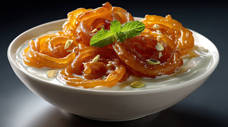 A visually appealing bowl of golden jalebi served with creamy yogurt and a sprig of mint, showcasing a perfect dessert for any occasion.の素材