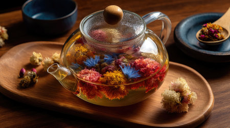 A mesmerizing glass teapot filled with vibrant dried flowers infuses herbal tea, set elegantly on a wooden tray. Perfect for cozy moments.の素材