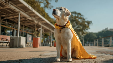A cheerful Labrador dog proudly wearing a vibrant yellow superhero cape poses in an outdoor setting, radiating confidence and playful joy in the sunshine.の素材