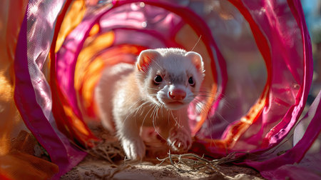 A curious ferret ventures through a vibrant tunnel, basking in soft sunlight. This playful scene captures the whimsy of a small mammal enjoying its environment.の素材