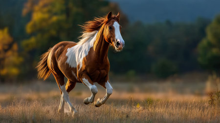 A stunning chestnut horse races through a sunlit meadow, surrounded by colorful autumn trees, embodying freedom and grace in nature's beauty.の素材