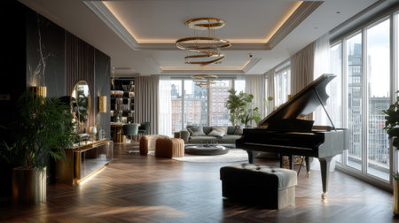 A sophisticated living room featuring a grand piano, elegant furniture, and bright natural light. The design combines modern elements with comfortable decor for a chic urban atmosphere.の素材