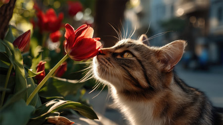 A charming tabby cat gently sniffs a vibrant red tulip in a beautiful spring garden, showcasing the joy of nature and the affection between pets and flowers.の素材