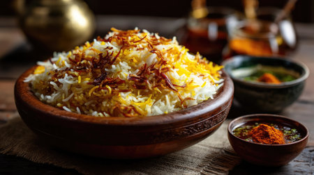 A beautiful serving of aromatic basmati rice topped with crispy golden onions and spices in a rustic wooden bowl on a textured table. Perfect for food lovers.の素材