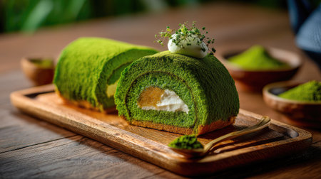 Discover the beauty of this matcha roll cake, featuring a soft green tea exterior and creamy filling. Perfect for dessert lovers and festive occasions.の素材