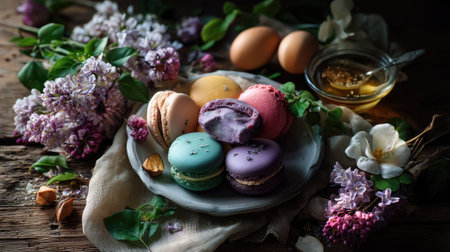 A delightful arrangement of colorful macarons on a rustic plate, surrounded by fresh flowers and natural ingredients, creating a perfect springtime treat.の素材