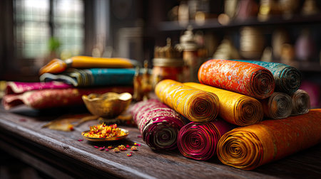 A captivating arrangement of colorful rolls of traditional fabrics is displayed on a rustic wooden table, accompanied by decorative bowls filled with vibrant petals.の素材