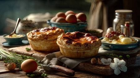 This image showcases homemade savory pastries filled with rich ingredients, surrounded by fresh eggs and herbs on a rustic wooden table, ideal for culinary themes.の素材