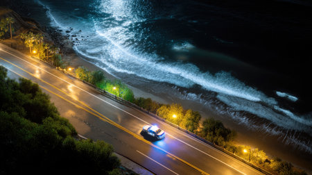 Captivating nighttime coastal scene featuring a police car illuminating a wet road, surrounded by crashing waves and a serene ocean backdrop.の素材