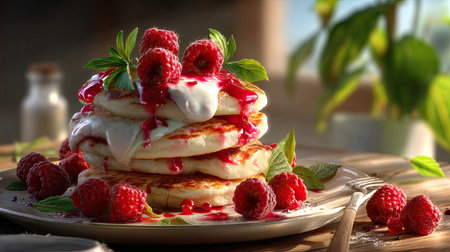 Indulge in this tempting stack of fluffy pancakes topped with fresh raspberries, luscious cream, and aromatic mint leaves, perfectly styled for breakfast.の素材