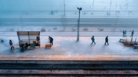A foggy morning at a train station captures the stillness and movement of commuters waiting and walking, with the soft light illuminating the scene.の素材