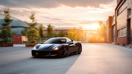 A striking black sports car is parked on an urban street at sunset. The warm golden light creates a stunning contrast against the sleek vehicle and surroundings.の素材