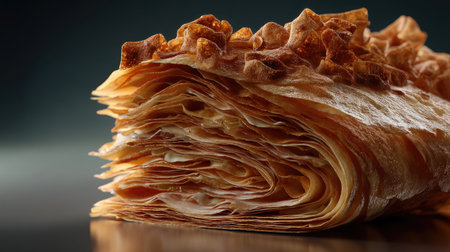 This image showcases a close-up of a layered baked pastry with a golden brown color and crispy texture. The intricate folds create a visually appealing pattern, perfect for food enthusiasts.の素材