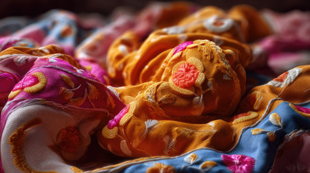 A captivating image of vibrant textiles featuring intricate embroidery and colorful floral patterns elegantly draped. Perfect for decor, fashion, or artistic inspiration.の素材