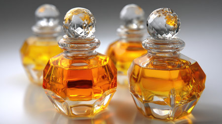 This stock image features an elegant arrangement of glass bottles filled with a rich golden liquid, perfect for a perfume or beverage presentation.の素材