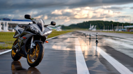 A striking black sports motorcycle stands on a wet airport runway, showcasing sleek lines and reflective surfaces amid a stunning sunset sky.の素材
