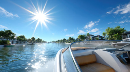 A stunning scene featuring a boat gliding along a peaceful waterway, surrounded by abundant greenery and bathed in bright sunlight. Perfect for travel themes.の素材
