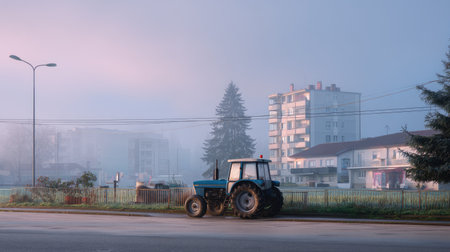 A serene rural scene featuring a blue tractor parked by a quiet road, surrounded by fog and subtle morning light, with buildings in the background.の素材